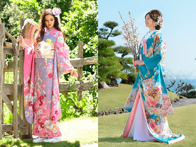 Девушки в свадебном платье розового и голубого оттенка японского стиля на природе