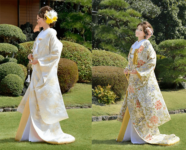 Девушки в свадебном платье бежевого оттенка японского стиля на природе