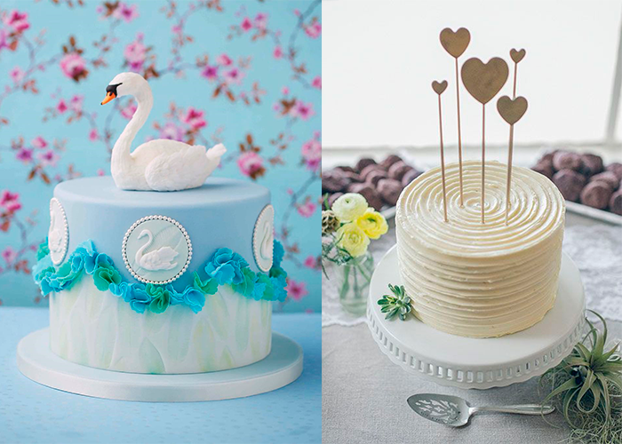 2 белых свадебных торта с птицей и сердцами